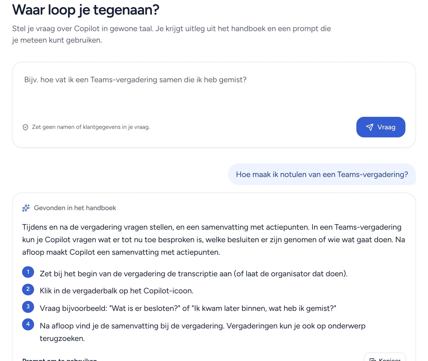 Het tabblad Coach in Teams: de coach legt uit hoe je notulen maakt van een Teams-vergadering, met stappen en een prompt.