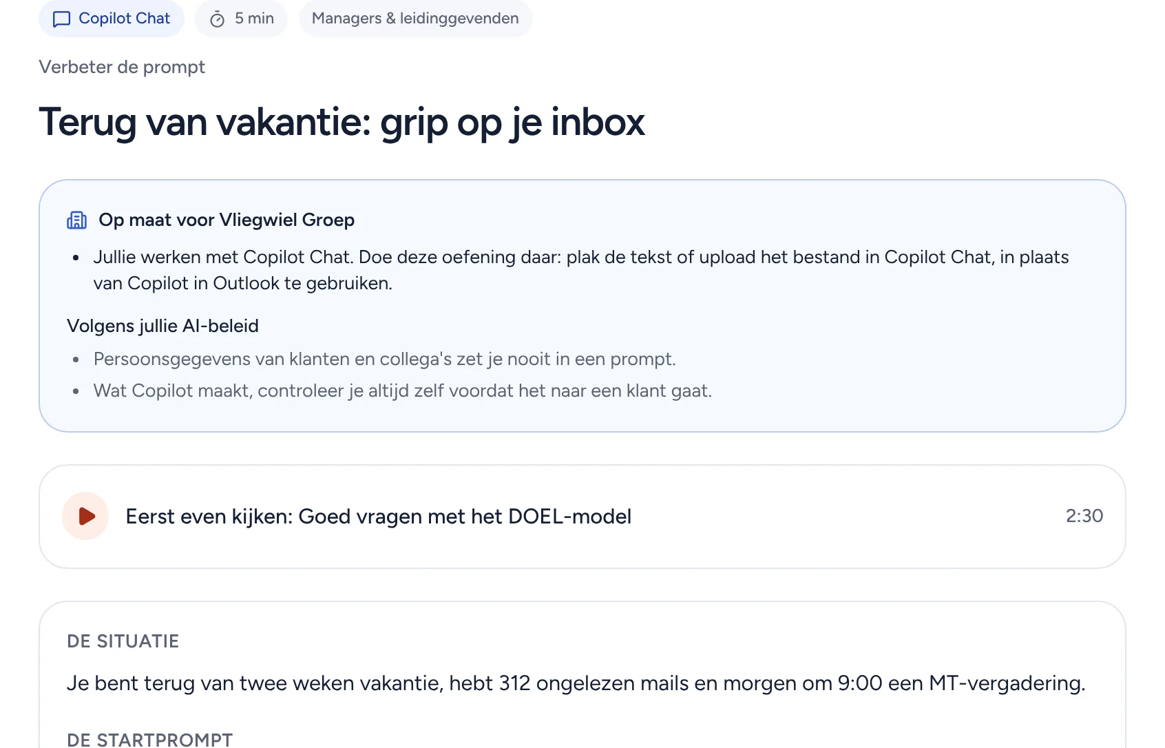 Een oefening met de melding 'Op maat voor Vliegwiel Groep' en twee regels uit het AI-beleid.