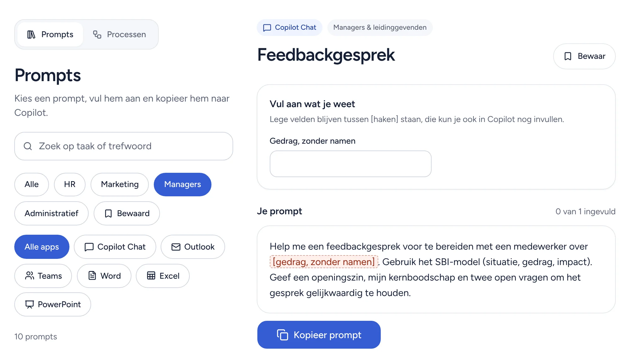 De Werkplaats met prompts voor managers en de prompt Feedbackgesprek met een invulveld.
